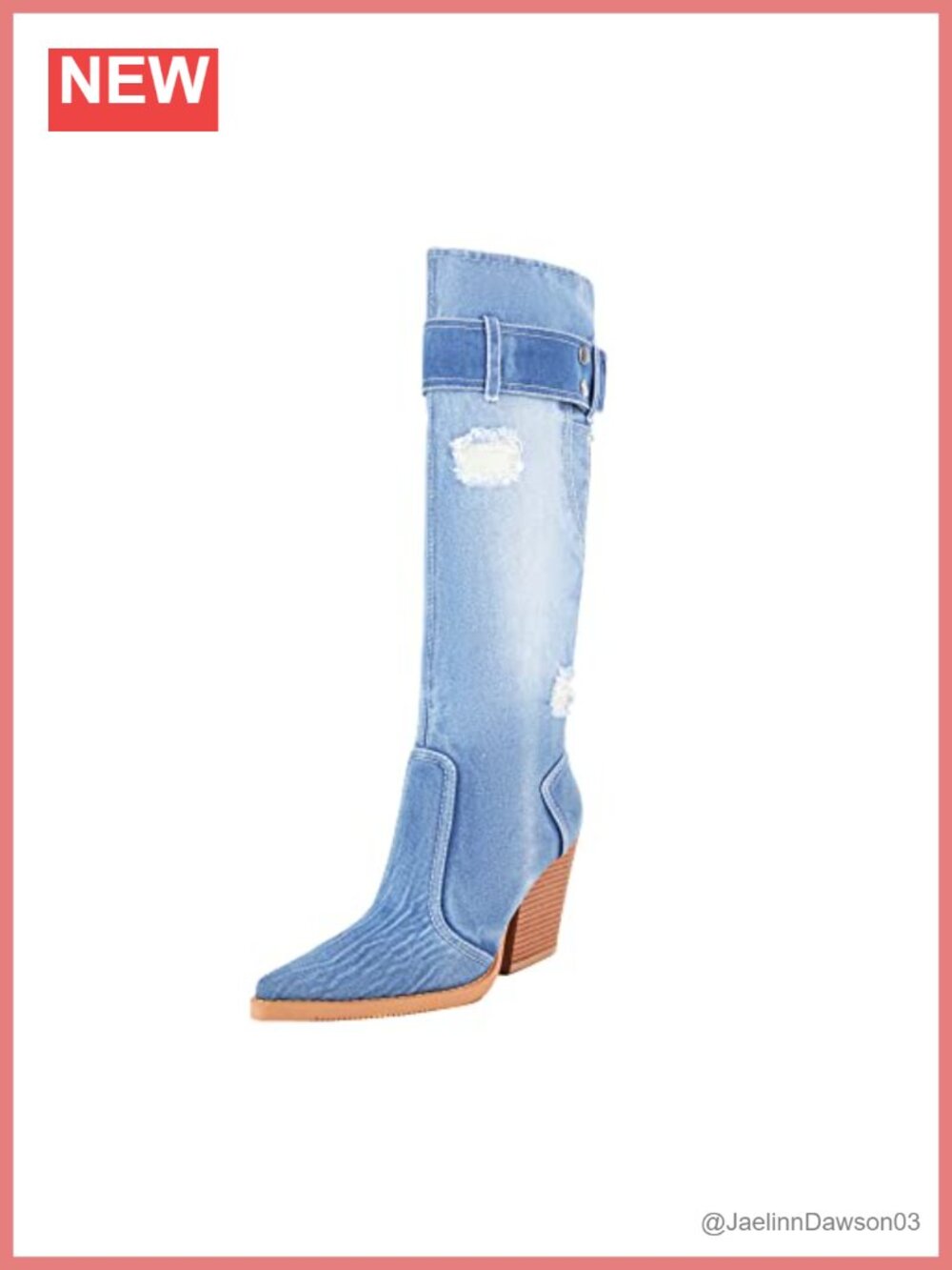 Women's Denim Knee High Boots Pointy Toe Chunky Stacked Heel Cowgirl Boots